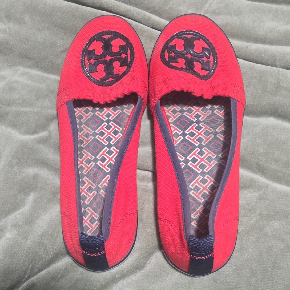 Tory Burch Red Canvas Logo Ballet Flats with Navy Trim